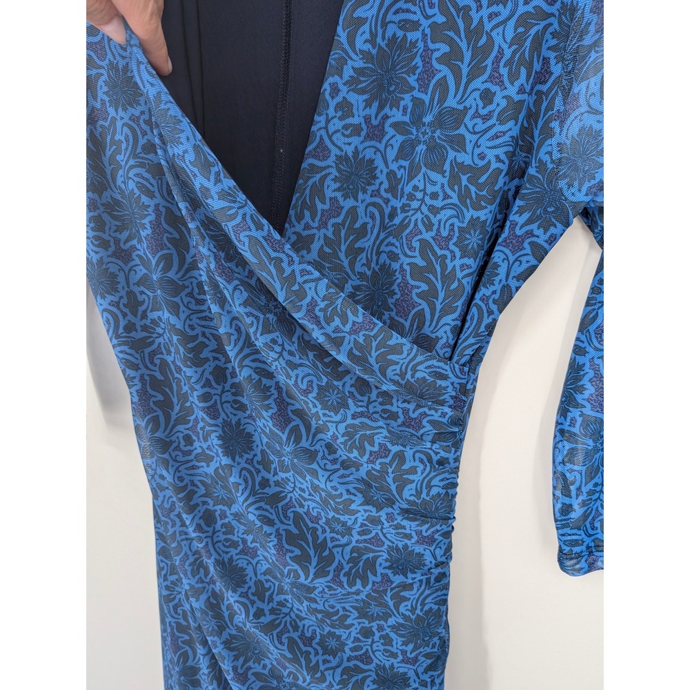 Betabrand Faux Wrap Midi Dress Women Medium Blue Floral Mesh Ruched 3/4 Sleeve - Picture 3 of 7